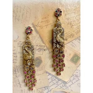 Peacock Bird Pink Purple Rhinestone Geometric Art Deco Dangle Earrings